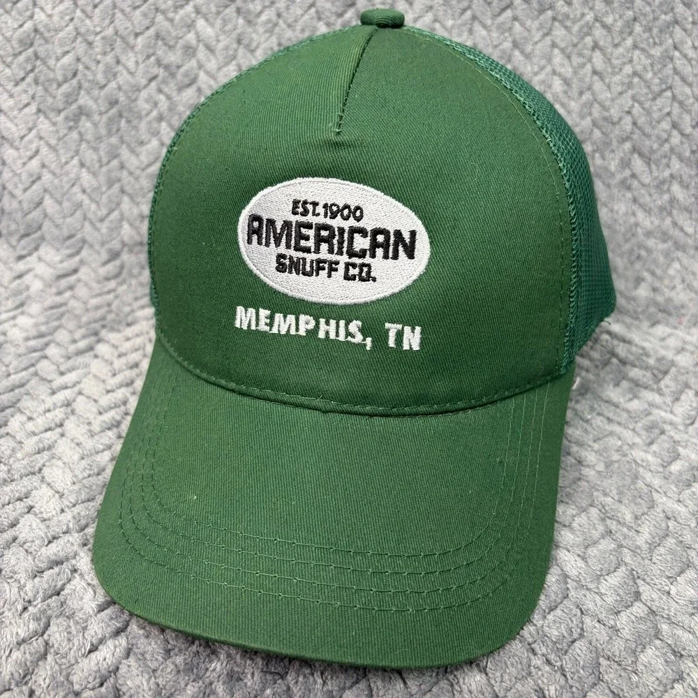 American Snuff Co Memphis TN Green Trucker Hat Snapback Mesh Cap Vintage Style